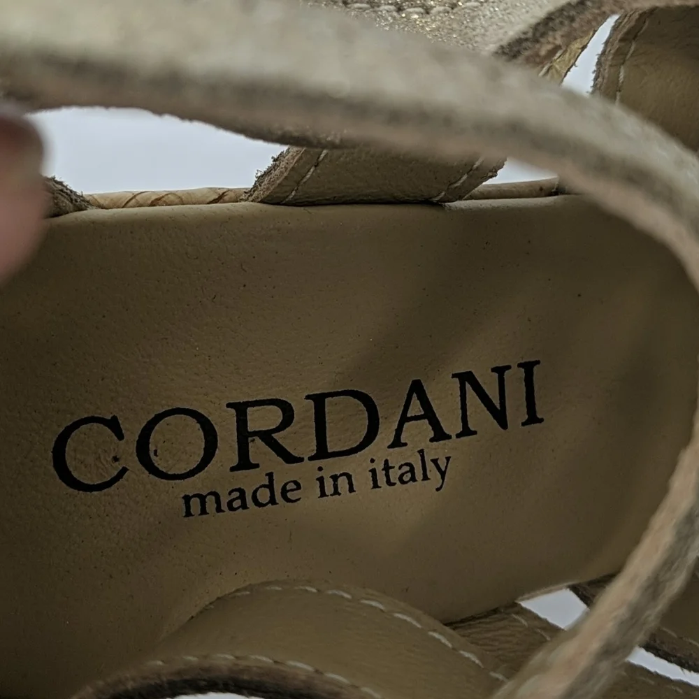 NWT CORDANI Metallic Leather Cork Wedge Sandals
